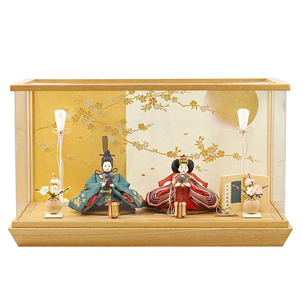 柴田家千代作 葵 かすみ桜刺繍 青緑/朱 柳親王 裾短衣裳着 白金 月に桜 木製 タモ材 アクリルケ