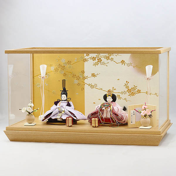 柴田家千代　 雛人形　柴田家千代作 葵 刺繍リボンに梅 薄紫/ピンク 柳親王 裾短衣裳着 白金 月に桜 木製 タモ材 アクリルケース　詳細画像