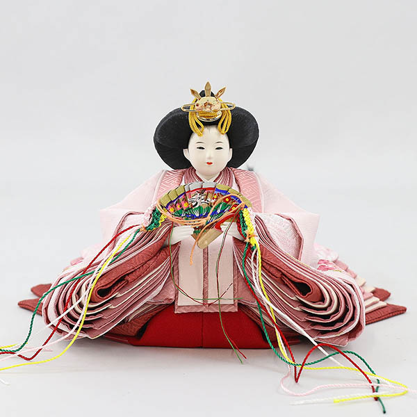 柴田家千代　 雛人形　柴田家千代作 葵 刺繍リボンに梅 薄紫/ピンク 柳親王 裾短衣裳着 白金 月に桜 木製 タモ材 アクリルケース　詳細画像