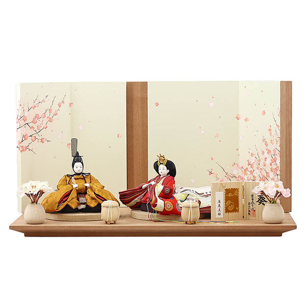 柴田家千代作 葵 黄櫨染 唐花文様 金茶/赤 柳親王 裾長衣装着 艶消し木製飾り台 LED照明付き屏