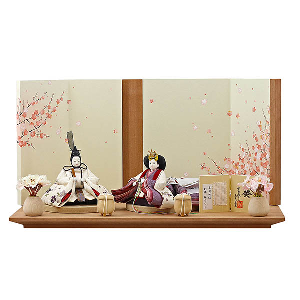 柴田家千代作 葵 算崩地紋 刺繍桜ちらし 白紫 柳親王 裾長衣装着 艶消し木製飾り台 LED照明付き