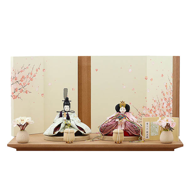 柴田家千代作 葵 金襴 桜文様 薄緑/ピンク 柳親王 裾短衣裳着 艶消し木製飾り台 LED照明付き屏