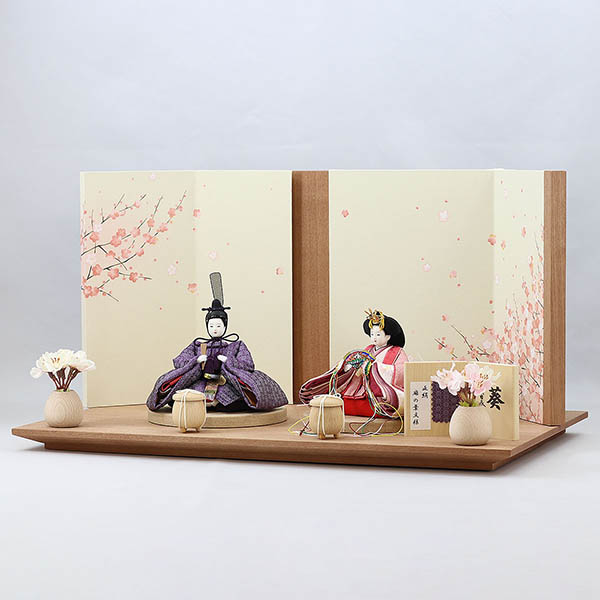 柴田家千代　 雛人形　柴田家千代作 葵 正絹麻の葉文様 紫/ピンク 柳親王 裾短衣裳着 艶消し木製飾り台 LED照明付き屏風　詳細画像