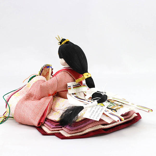 柴田家千代　 雛人形　柴田家千代作 葵 正絹麻の葉文様 紫/ピンク 柳親王 裾短衣裳着 艶消し木製飾り台 LED照明付き屏風　詳細画像