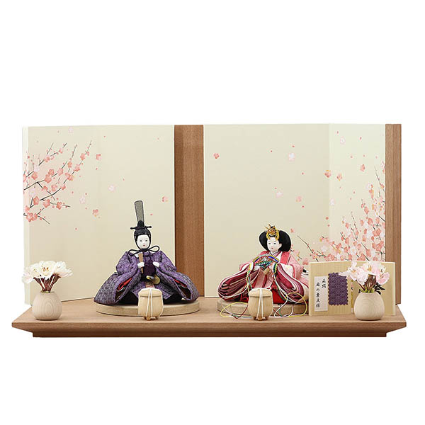 柴田家千代作 葵 正絹麻の葉文様 紫/ピンク 柳親王 裾短衣裳着 艶消し木製飾り台 LED照明付き屏