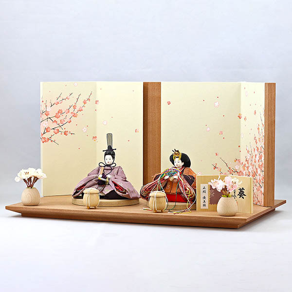 柴田家千代　 雛人形　柴田家千代作 葵 正絹優美錦 薄紫/オレンジ 柳親王 裾短衣裳着 艶消し木製飾り台 LED照明付き屏風　詳細画像