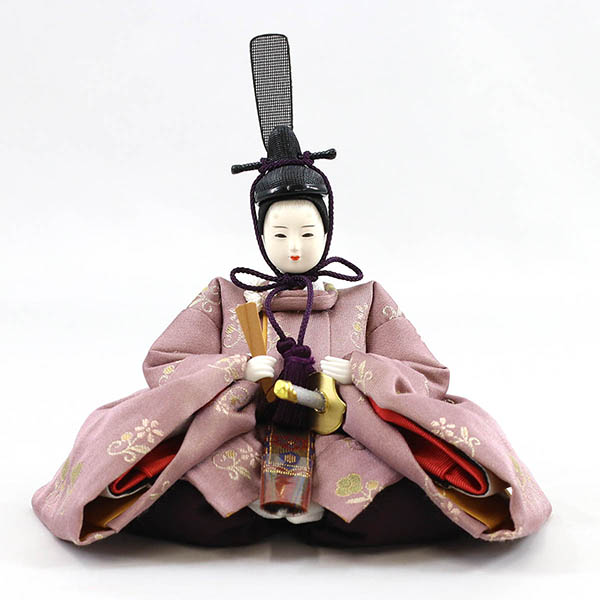柴田家千代　 雛人形　柴田家千代作 葵 正絹優美錦 薄紫/オレンジ 柳親王 裾短衣裳着 艶消し木製飾り台 LED照明付き屏風　詳細画像