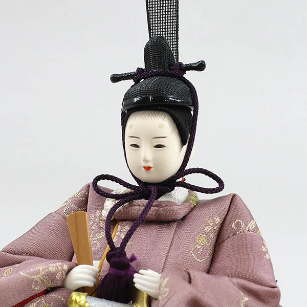 柴田家千代　 雛人形　柴田家千代作 葵 正絹優美錦 薄紫/オレンジ 柳親王 裾短衣裳着 艶消し木製飾り台 LED照明付き屏風　詳細画像