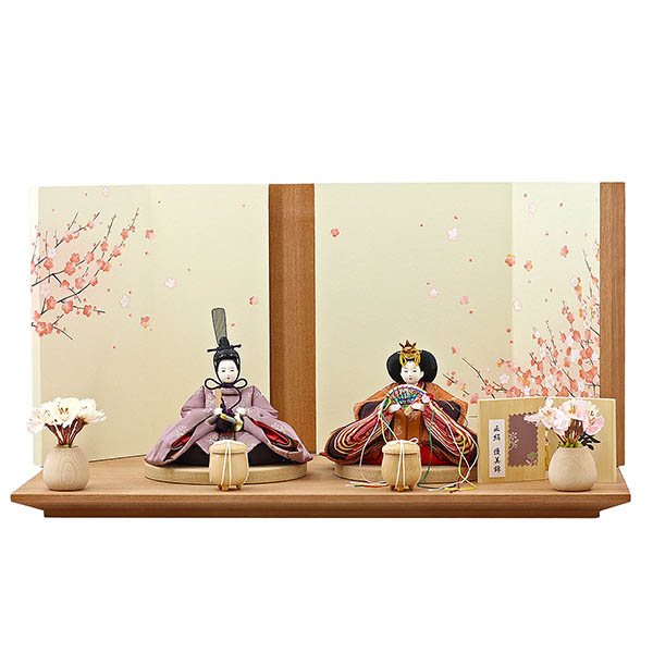 柴田家千代作 葵 正絹優美錦 薄紫/オレンジ 柳親王 裾短衣裳着 艶消し木製飾り台 LED照明付き屏