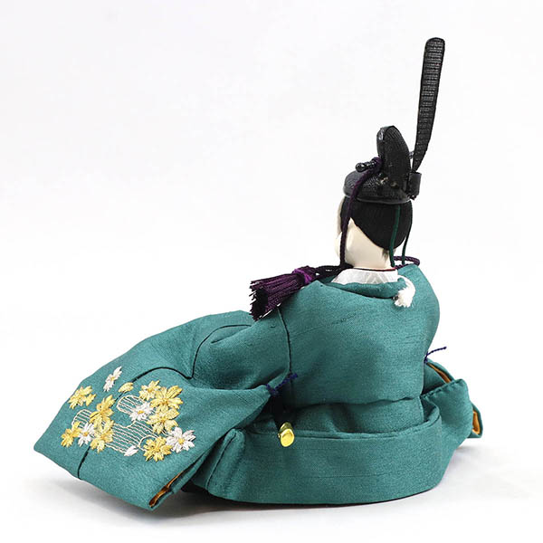 柴田家千代　 雛人形　柴田家千代作 葵 かすみ桜刺繍 青緑/朱 柳親王 裾短衣裳着 艶消し木製飾り台 LED照明付き屏風　詳細画像