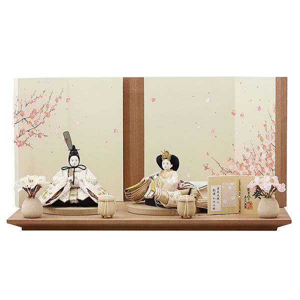 柴田家千代作 葵 唐花文様に刺繍 かすみ桜 白金 柳親王 裾長衣裳着 艶消し木製飾り台 LED照明付