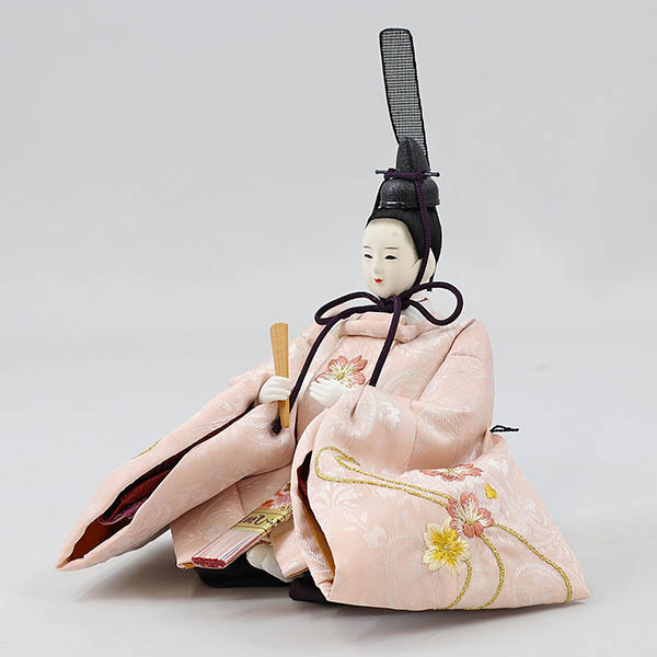 柴田家千代　 雛人形　柴田家千代作 葵 流水桜刺繍 ピンク 柳親王 裾長衣裳着 艶消し木製飾り台 LED照明付き屏風　詳細画像