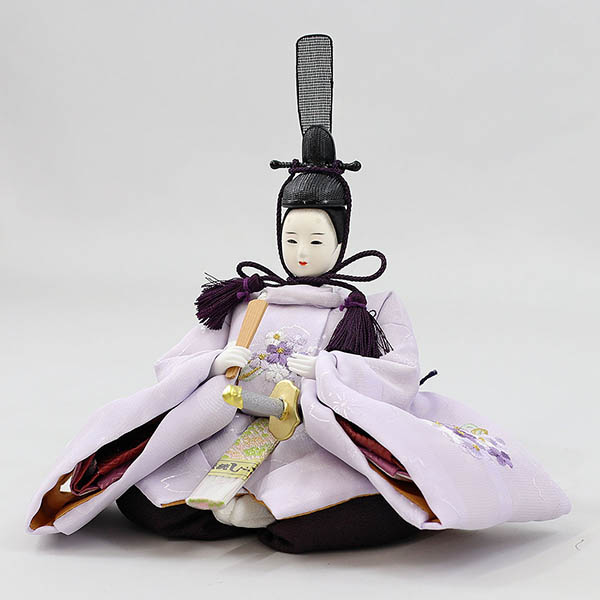 柴田家千代　 雛人形　柴田家千代作 葵 刺繍リボンに梅 薄紫/ピンク 柳親王 裾短衣裳着 艶消し木製飾り台 LED照明付き屏風　詳細画像