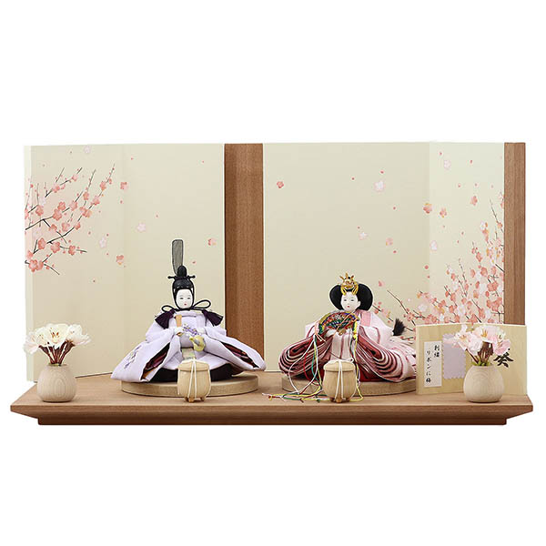 柴田家千代作 葵 刺繍リボンに梅 薄紫/ピンク 柳親王 裾短衣裳着 艶消し木製飾り台 LED照明付き