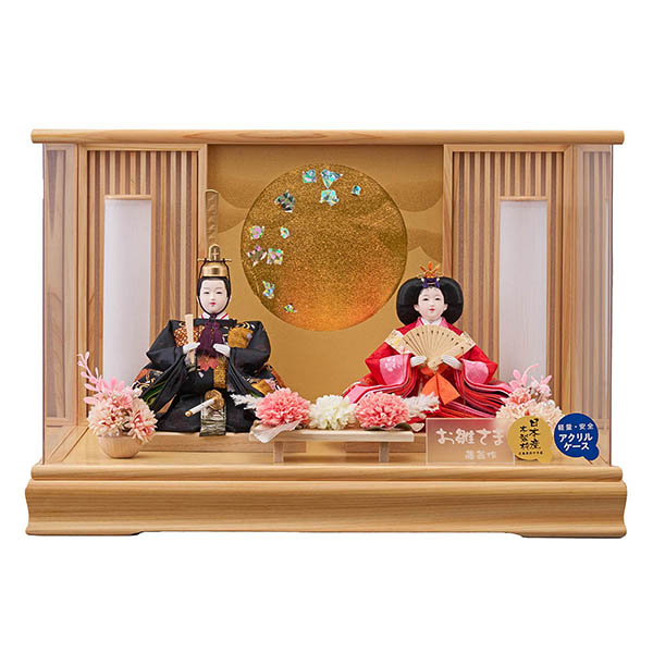香月 三五親王飾り 白木 木目 桧 格子 アクリルケース