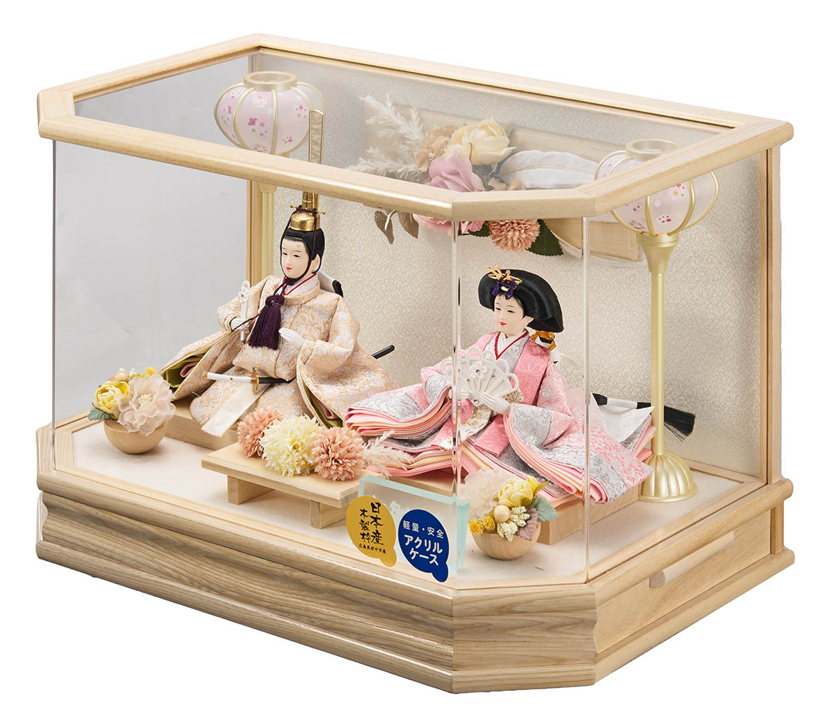 藤翁　 雛人形　紫陽 小三五親王飾り 白木 木目 六角 ホワイトオークボカシ 刺繍バック アクリルケース オルゴール付き　詳細画像