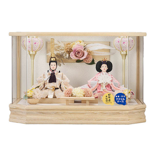 紫陽 小三五親王飾り 白木 木目 六角 ホワイトオークボカシ 刺繍バック アクリルケース