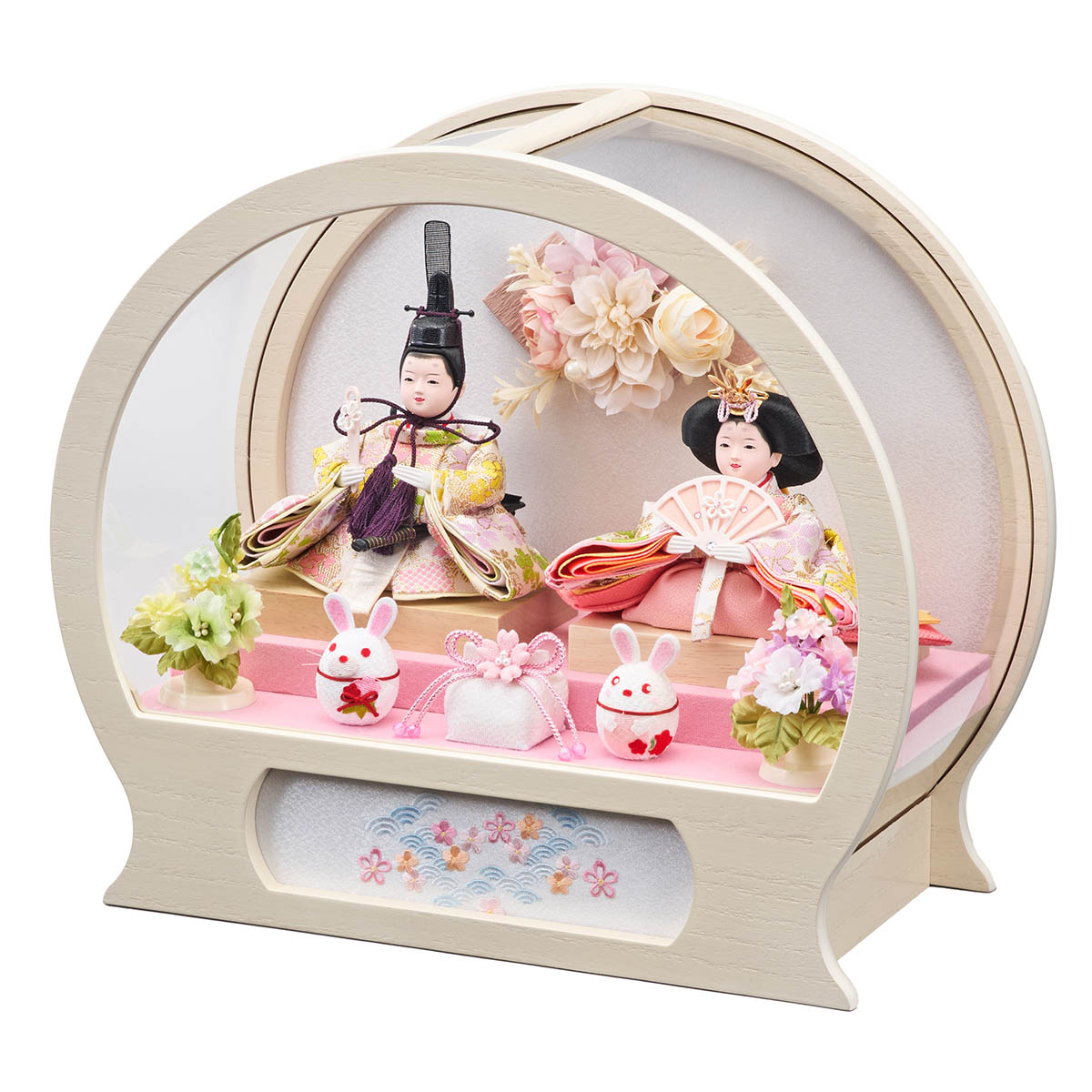 藤翁　 雛人形　はるか 柳親王飾り 新手鏡型 飾花バック アクリルケース　詳細画像