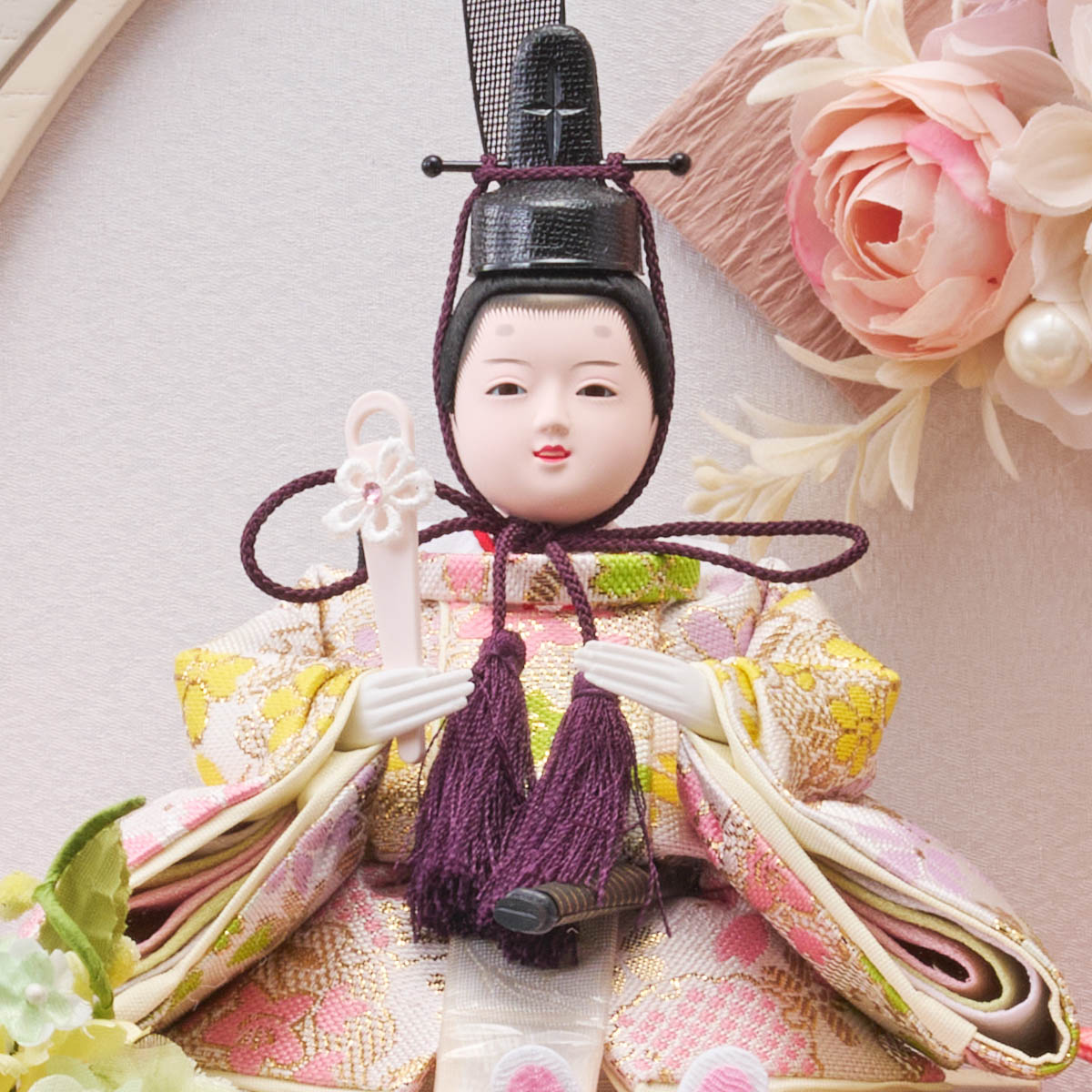 藤翁　 雛人形　はるか 柳親王飾り 新手鏡型 飾花バック アクリルケース　詳細画像