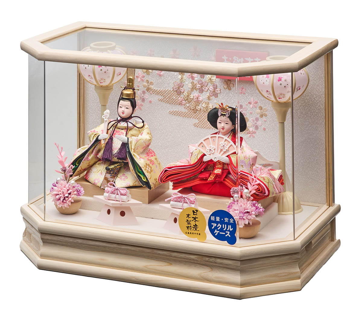 藤翁　 雛人形　まのん 豆親王飾り 白木 木目 六角 ホワイトオーク 刺繍バック アクリルケース　詳細画像