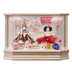 雛人形: まのん 豆親王飾り 白木 木目 六角 ホワイトオーク 刺繍バック アクリルケース