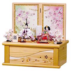 雛人形: 平安豊久作 初桜 小三五親王揃 天竜杉台屏風 押し花屏風 収納飾り