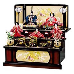 雛人形: 平安豊久作 春菜 十番親王 三五官女 五人飾り 木目 茶塗台屏風  三段飾り