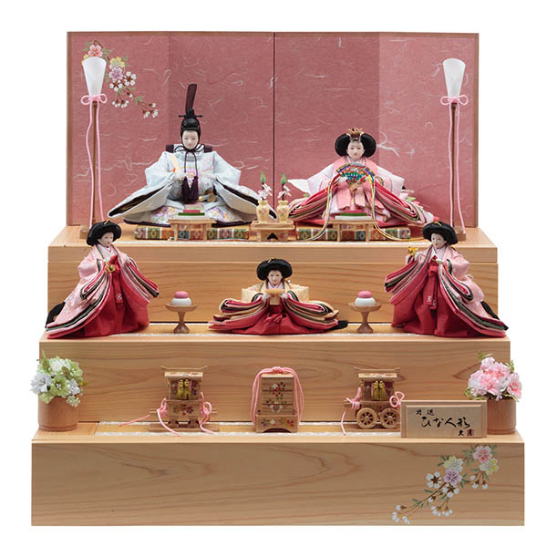 久月 楢 衣裳着 収納五人飾り 白木 木目 刺繍 芥子親王 柳官女 引き出し式収納箱 【D-66】