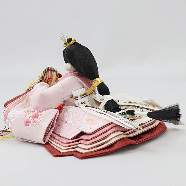 柴田家千代　 雛人形　柴田家千代作 葵 刺繍リボンに梅 薄紫/ピンク 柳親王 裾短衣裳着 白木 木目 アートフラワー アクリルケース　詳細画像