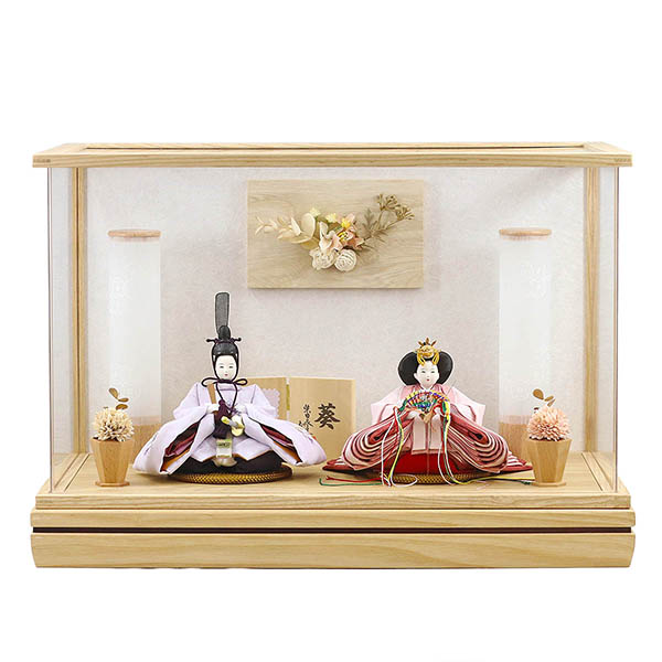 柴田家千代作 葵 刺繍リボンに梅 薄紫/ピンク 柳親王 裾短衣裳着 白木 木目 アートフラワー アク