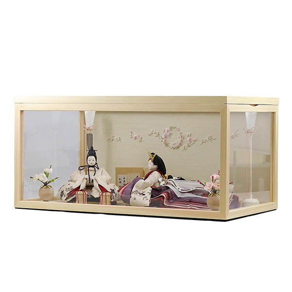 柴田家千代　 雛人形　柴田家千代作 葵 算崩地紋 刺繍桜ちらし 白紫 柳親王 裾長衣装着 白木 木目 アクリルケース　詳細画像