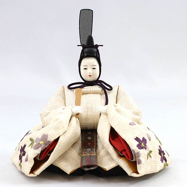 柴田家千代　 雛人形　柴田家千代作 葵 算崩地紋 刺繍桜ちらし 白紫 柳親王 裾長衣装着 白木 木目 アクリルケース　詳細画像