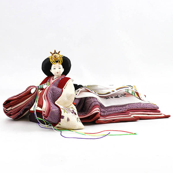 柴田家千代　 雛人形　柴田家千代作 葵 算崩地紋 刺繍桜ちらし 白紫 柳親王 裾長衣装着 白木 木目 アクリルケース　詳細画像
