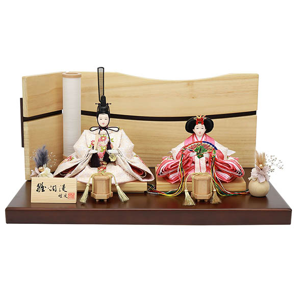 雅泉作 衣裳着 芥子親王 白木 木目 塗桐 変則二色屏風 焦げ茶塗り飾り台 平飾り