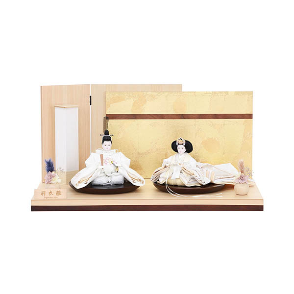 羽衣雛 衣裳着 京十三番親王 京刺繍 白木 木目 檜 二曲変色箔ちらし屏風 平飾り