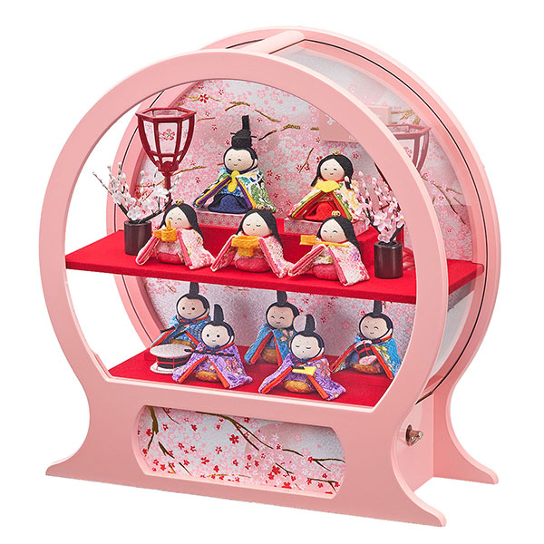 藤翁　 雛人形　舞あそび 桃 わらべ十人飾り 手鏡型 アクリルケース オルゴール付き　詳細画像