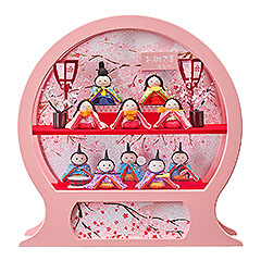 雛人形: 舞あそび 桃 わらべ十人飾り 手鏡型 アクリルケース オルゴール付き