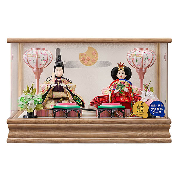 藤翁　 雛人形　みのり 豆親王飾り 茶木目 ホワイトオーク 金彩バック アクリルケース　詳細画像