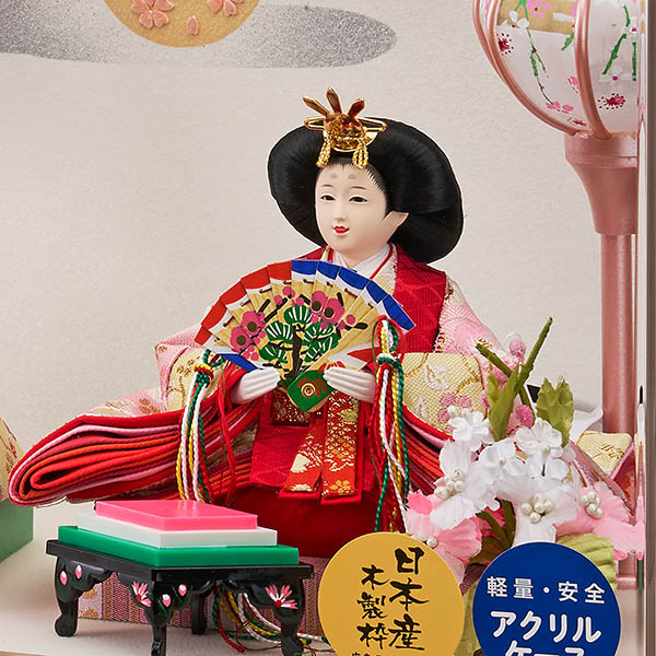 藤翁　 雛人形　みのり 豆親王飾り 茶木目 ホワイトオーク 金彩バック アクリルケース　詳細画像