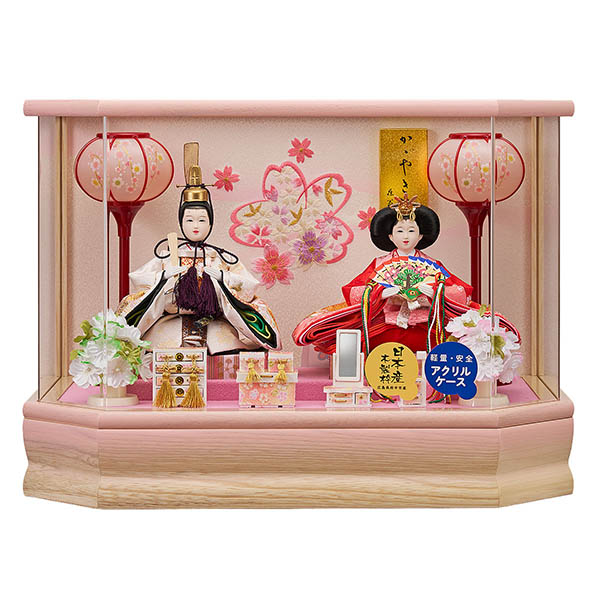 藤翁　 雛人形　彩乃 豆親王飾り 桃 白木 木目 六角 ホワイトオークボカシ 刺繍バック アクリルケース オルゴール付き　詳細画像