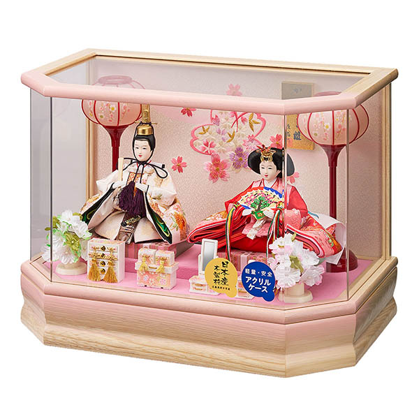 藤翁　 雛人形　彩乃 豆親王飾り 桃 白木 木目 六角 ホワイトオークボカシ 刺繍バック アクリルケース オルゴール付き　詳細画像