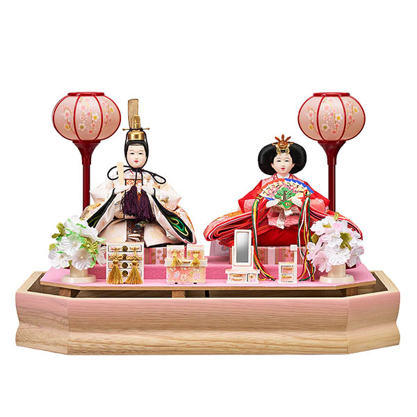 藤翁　 雛人形　彩乃 豆親王飾り 桃 白木 木目 六角 ホワイトオークボカシ 刺繍バック アクリルケース オルゴール付き　詳細画像