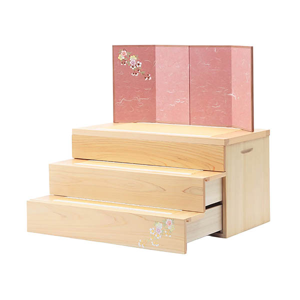 久月　 雛人形　銘木 檜 刺繍 衣裳着 芥子親王 柳官女 五人飾り 収納三段飾り 引き出し式収納箱　詳細画像