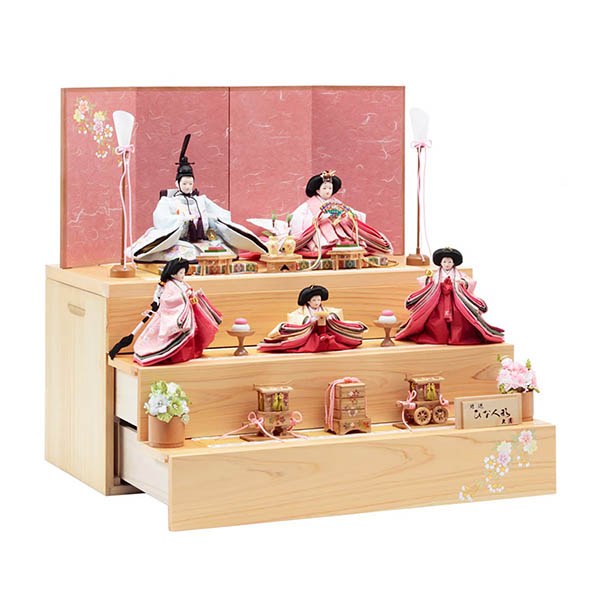 久月　 雛人形　銘木 檜 刺繍 衣裳着 芥子親王 柳官女 五人飾り 収納三段飾り 引き出し式収納箱　詳細画像
