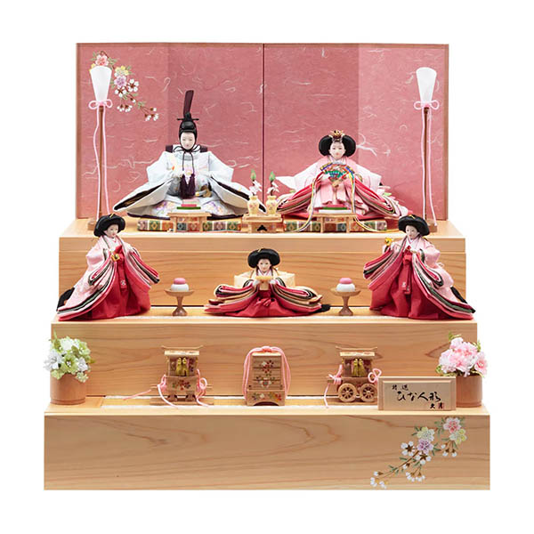 銘木 檜 刺繍 芥子親王 柳官女 収納三段飾り 引き出し式収納箱 【D-29/4HR-N51-Z】