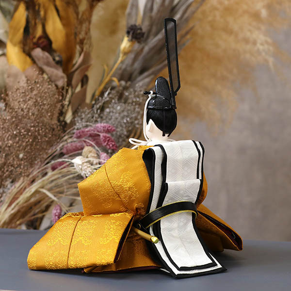 久月　 雛人形　光園作 正絹有職 黄櫨染 衣裳着 小三五親王 平飾り 久月監製　詳細画像