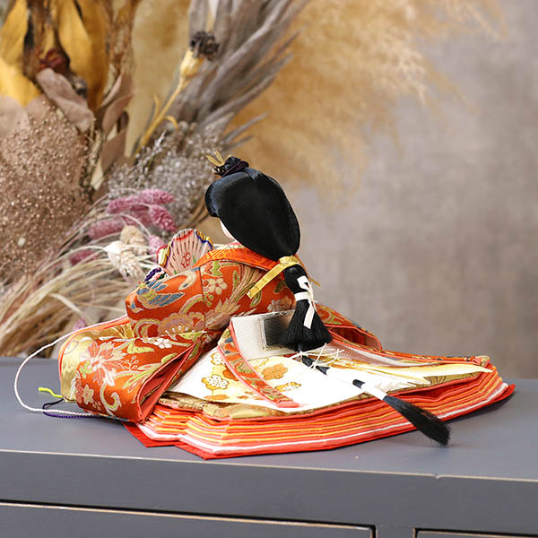 久月　 雛人形　光園作 正絹有職 黄櫨染 衣裳着 小三五親王 平飾り 久月監製　詳細画像