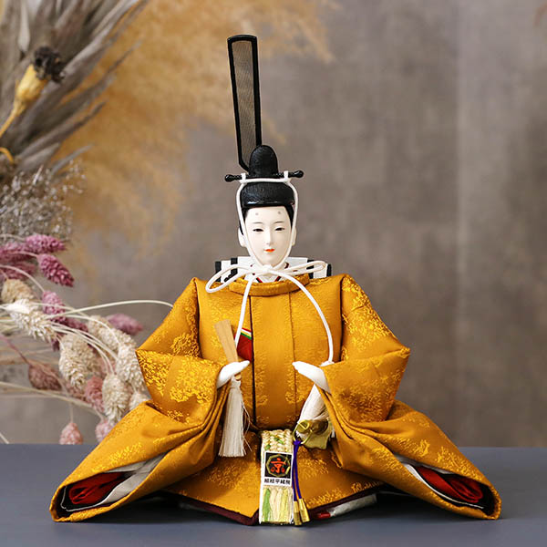 久月　 雛人形　光園作 正絹有職 黄櫨染 衣裳着 小三五親王 平飾り 久月監製　詳細画像