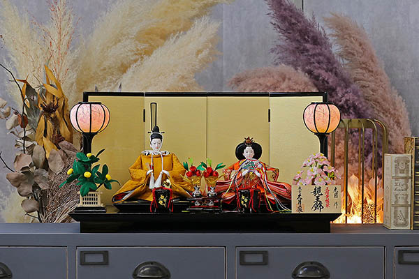 久月　 雛人形　光園作 正絹有職 黄櫨染 衣裳着 小三五親王 平飾り 久月監製　詳細画像