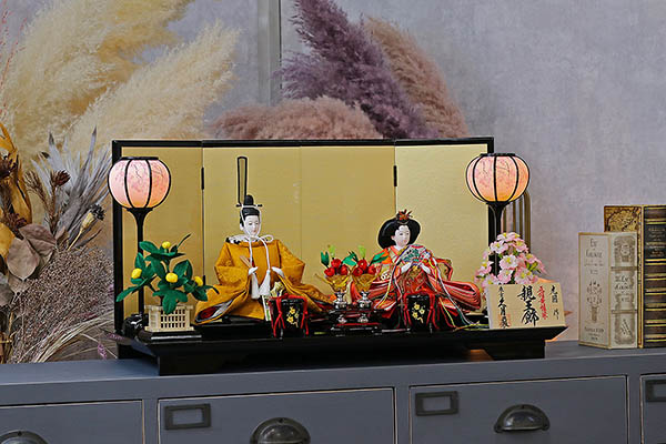 久月　 雛人形　光園作 正絹有職 黄櫨染 衣裳着 小三五親王 平飾り 久月監製　詳細画像